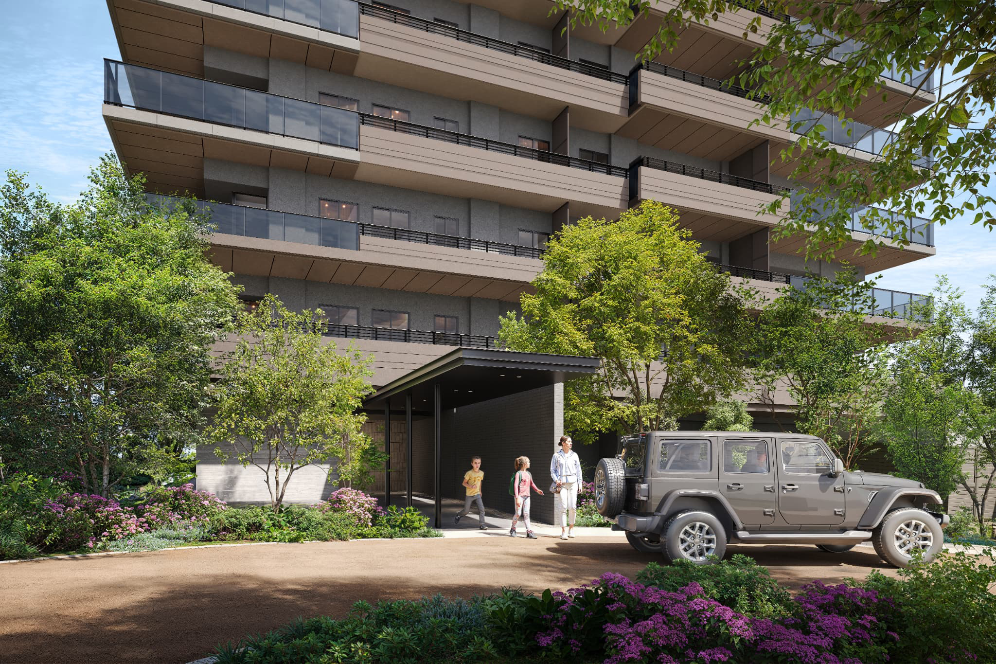 ISLANDCITY THE GARDEN 緑地率35％の植栽と四季を感じられるシンボルツリー。 全戸駐車場設置で充実したマイカーライフを。