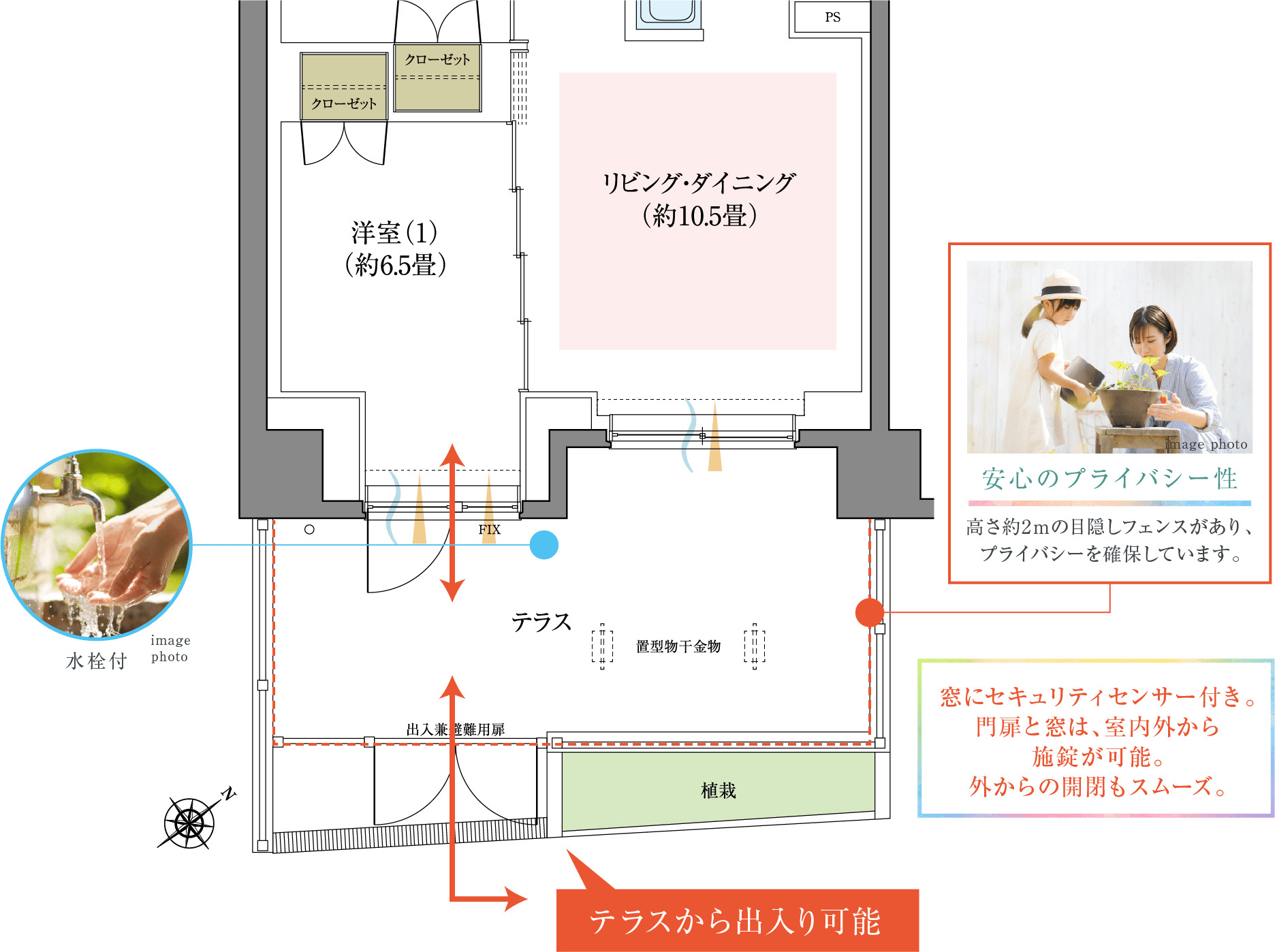 グレーシア南万騎が原マークス リビングが外まで広がる開放感。ガーデニングやDIY、子供の遊び場としても活躍する専用テラス付住戸
