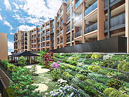[センターガーデン完成予想CG] 豊かな植栽で彩った中庭。緑生擁壁を設け、まるで絵画のような庭園をデザインしました。