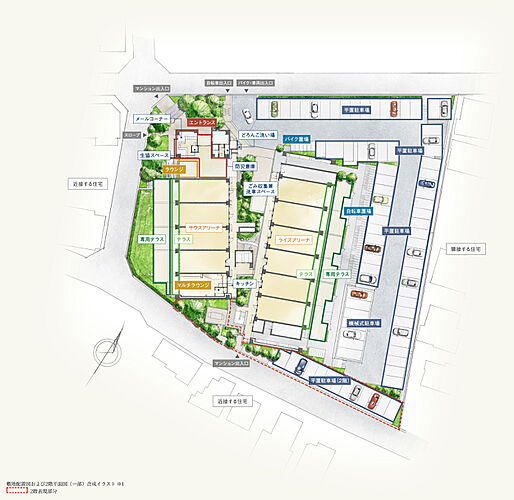 オハナ高尾 ( 第2期 3次 ) 敷地配置図および2階平面図（一部）合成イラスト※1