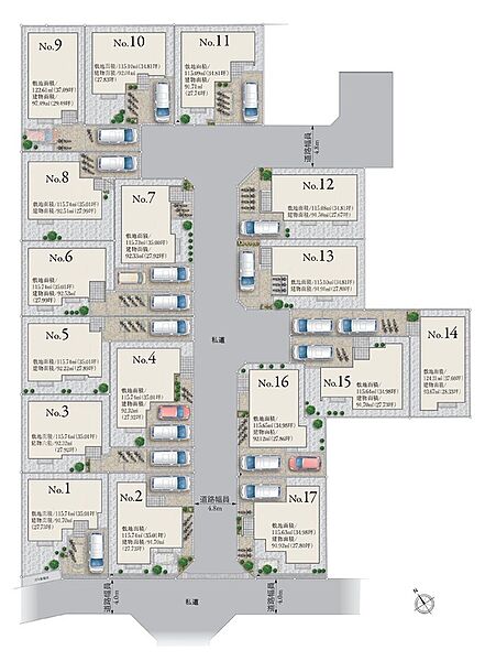  【区画図】
JR武蔵野線「新座」駅徒歩8～9分！約115m2～124m2超のゆとりある区画を活かし、総17邸の美しい街並みが誕生します。こだわりの動線や住宅性能、洗練された設備仕様による快適な新生活