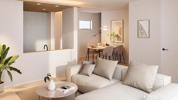 【LDK/4号棟】
対面キッチン×リビング階段により、コミュニケーションが自然と育まれる団らん空間に。リビングには床暖房が敷設されており、冬も足元から快適にお過ごしいただけます。※完成予想CG