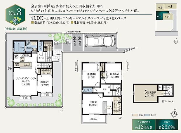 【3号棟】価格： 5847万円／間取り： 4LDK／土地面積： 119.4m2／建物面積： 92.95m2