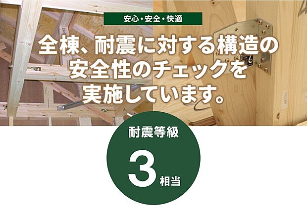 【全棟、耐震に対する構造の安定性のチェックを実施】【数百年に一度の確率で発生する大震災の1.5倍の地震力でも倒壊しない耐震性能】剛床・ダイライトパネル＝面の強さ＝耐久により、耐震等級3相当の耐震性能を保持します。これは消防署など災害時の支援拠点となる建物の耐震性能に匹敵します。どの新築住宅も耐震等級1が義務付けられていますが、兼六ホームでは耐震等級3をクリアできるように全棟計算を実施しています。 兼六ホームでは備えあるお住まいを提供致します。
