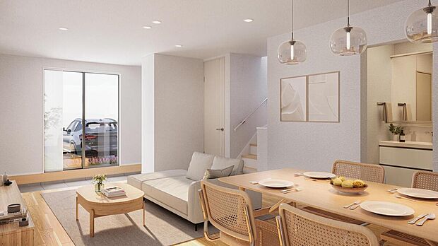 【【LDK/1号棟】】LDKは明るい南向き×広々20.06帖!南窓近くに多目的に使える土間スペースを設け、玄関から土間収納を通り抜けて直接アプローチも可能です。※完成予想CG