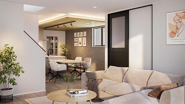 【【LDK/2号棟】】キッチンとダイニングが横並びで統一感あるレイアウト。キッチンを中心に脱衣所~パントリー~ダイニングや納戸を回遊でき、家事効率の良い動線を描きます。※完成予想CG