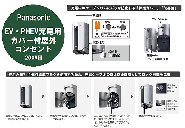 【電気自動車もラクラク充電】スマートなデザインの屋外コンセントは、保護カバーや簡易鍵付きでいたずらを防止。電気自動車の充電ケーブルの電源プラグをコンセントに差し込むだけで接続でき、ロックされます。