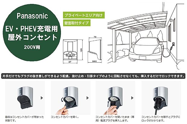 【【電気自動車もラクラク充電】】専用の「EV・PHEV充電用」電源プラグを挿入するだけでロック。抜け止め・引掛タイプのように回転させる必要がなく、片手だけでもプラグの抜き差しができるよう配慮されています。