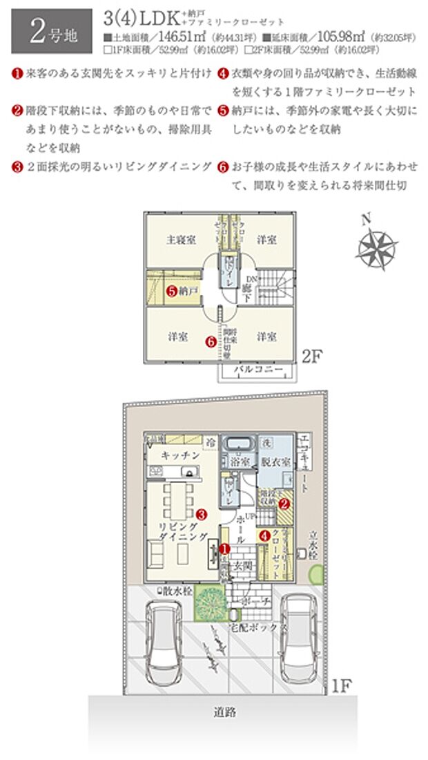 ［2号地 プラン図］※図面に基づいて描いているのでプラン及び外構・植栽については、実際とは多少異なる場合があります。また、車・家具・家電・備品等は販売価格に含まれません。