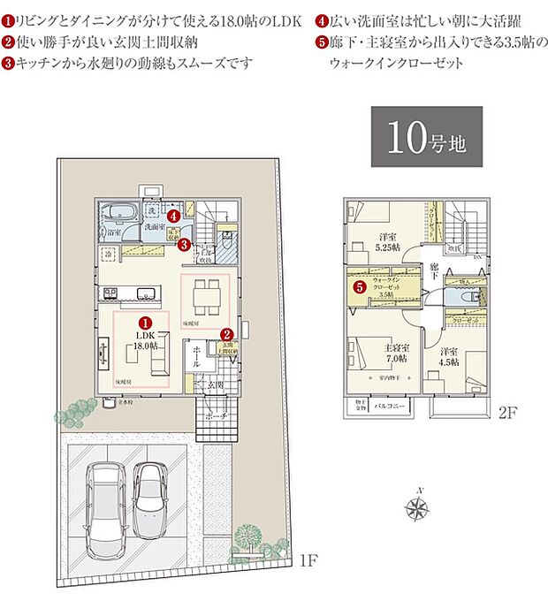 [10号地 プラン図] 間取・外構植栽図は設計図書を基に描き起こしたもので実際とは多少異なる場合があります。 家具・家電・備品・車等は価格に含まれません。
