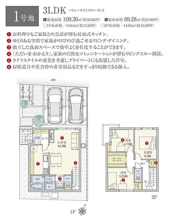 ［1号地 プラン図］※図面に基づいて描いているのでプラン及び外構・植栽については、実際とは多少異なる場合があります。また、車・家具・家電・備品等は販売価格に含まれません。