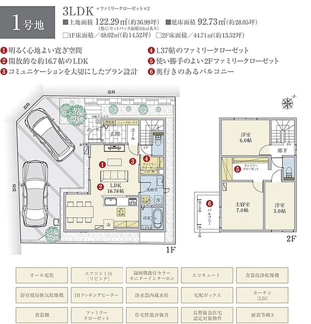 [1号地　プラン図]間取・外構植栽図は設計図書を基に描き起こしたもので実際とは多少異なる場合があります。 家具・家電・備品・車等は価格に含まれません。