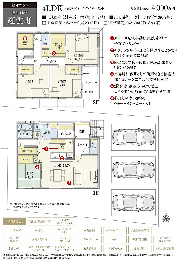 【1号地 建物プラン例（間取り図）】［参考プラン］※建物プランは参考例であり、購入者はこのプランに関係なく、自由にプランニングできます。