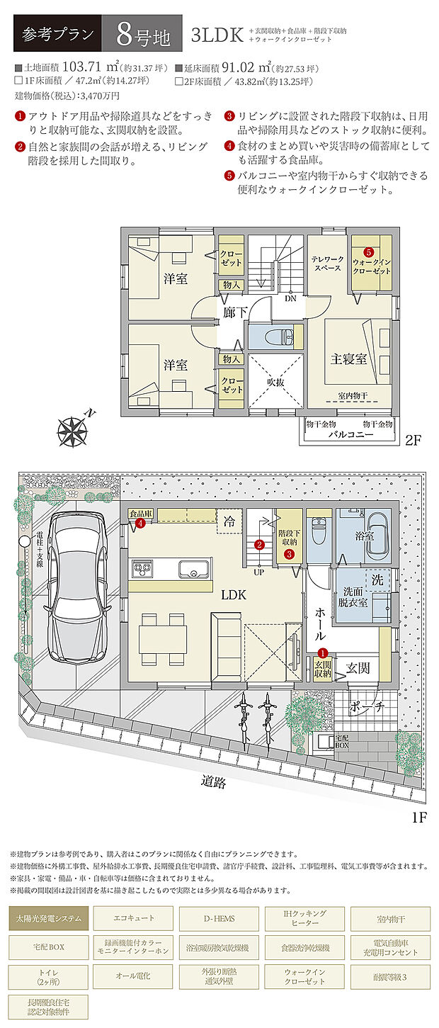 【8号地 建物プラン例（間取り図）】［参考プラン］※建物プランは参考例であり、購入者はこのプランに関係なく、自由にプランニングできます。