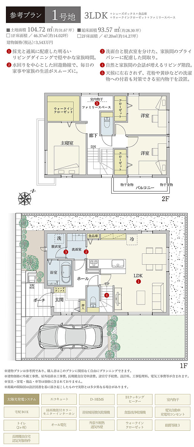 【1号地 建物プラン例（間取り図）】［参考プラン］※建物プランは参考例であり、購入者はこのプランに関係なく、自由にプランニングできます。