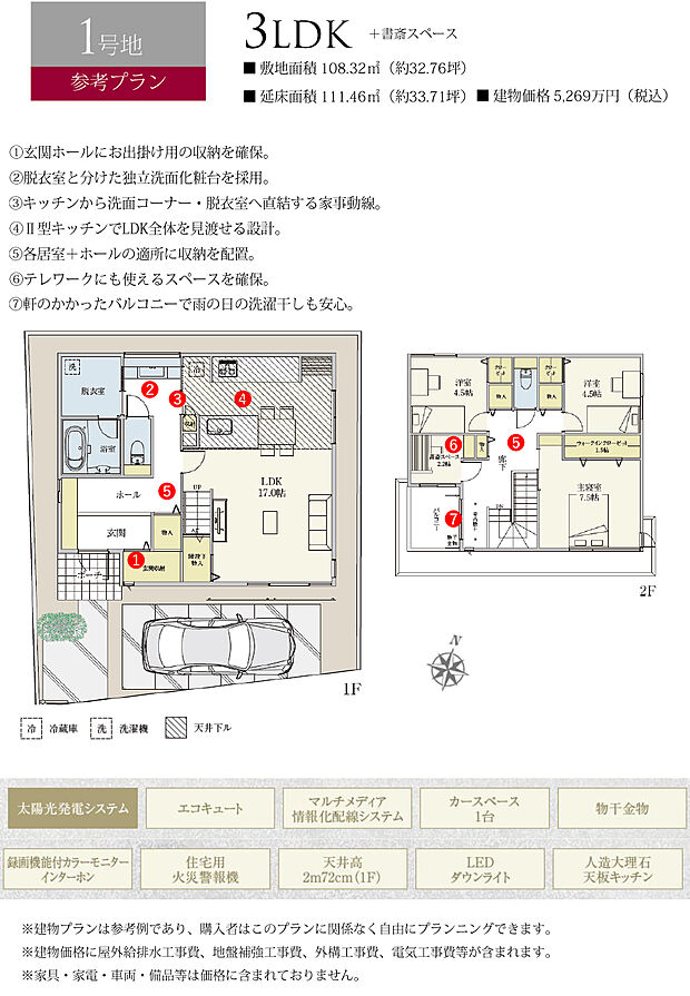 【1号地 建物プラン例（間取り図）】［参考プラン］※建物プランは参考例であり、購入者はこのプランに関係なく、自由にプランニングできます。