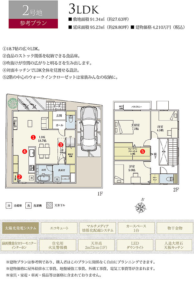 【2号地 建物プラン例（間取り図）】［参考プラン］※建物プランは参考例であり、購入者はこのプランに関係なく、自由にプランニングできます。