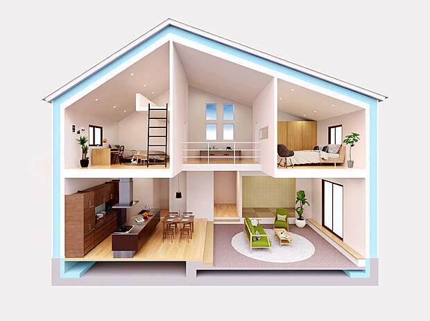 【高気密・高断熱の家】高性能な断熱材で屋根・壁・基礎までをすっぽりと覆う。
木造外断熱の家「Kurumu」標準仕様。
アキレス社Q1ボード【硬質ウレタンフォーム】を採用。
