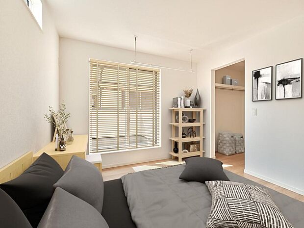 【2号地】寝室には、バルコニー前に室内物干しをご用意。洗濯物が乾いたら、そのままウォークインクローゼットに片付けられる効率的な洗濯動線です。