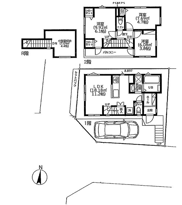 3LDK、小屋裏収納付き