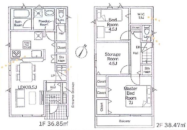 2号棟、2SLDK+WIC、LDK13.5帖