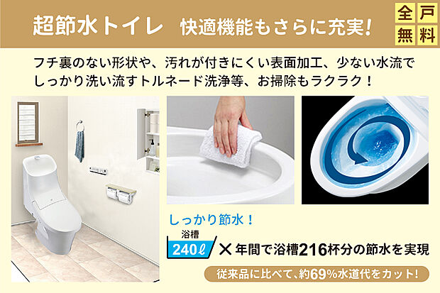 【省エネ・清潔・快適な最新トイレ採用！】フチ裏のない形状や、汚れが付きにくい表面加工、少ない水流でしっかり洗い流すトルネード洗浄等、節水節電でき、お掃除もラクラクのトイレ！壁面収納棚やペーパーホルダー、タオルリングも標準仕様です。