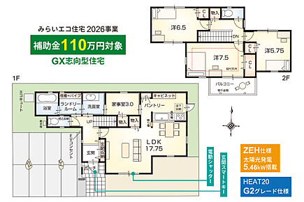 全部屋南に窓のある、南向き広々間口の住まいです。キッチン横には3帖の家事室を設置。さらに洗面室、ランドリールームにつながるスムーズな水まわり動線もポイントです。（外構工事付・消費税込） 