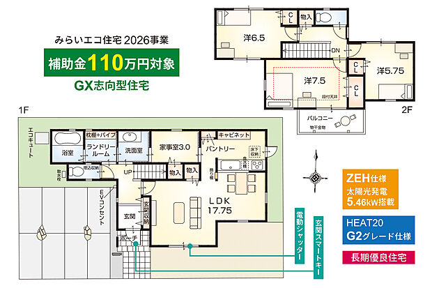 【3LDK+家事室】全部屋南に窓のある、南向き広々間口の住まいです。キッチン横には3帖の家事室を設置。さらに洗面室、ランドリールームにつながるスムーズな水まわり動線もポイントです。(外構工事付・消費税込)