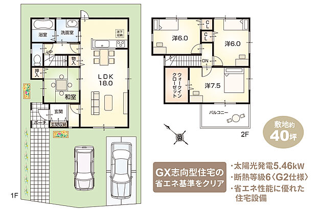 【2号地・自由設計プラン例（注文家創り）】約40坪のゆとりある敷地に、家族みんなが快適に暮らせる4LDKプラン。18帖の広々LDKに加え、和室を隣接させることでくつろぎ空間をさらに拡張できます。2階には3つの洋室とウォークインクローゼットを配置し、収納力も充実。南面バルコニーは洗濯物や家族の憩いの場として活躍します。さらに太陽光発電5.46kW搭載、断熱等級6・G2仕様を採用し、省エネ性と快適性を両立。GX志向型住宅の基準をクリアした、これからの暮らしにふさわしい住まいです。（延床面積98.54ｍ2）