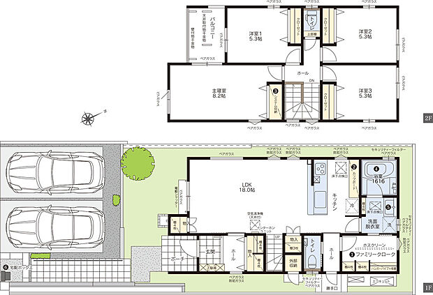 【4LDK】【1号地間取り】18.0帖のLDK、2階の4部屋でゆとりのある間取りです。1階のファミリークロークにはホスクリーンがついているので、ランドリールームとして利用することもできます