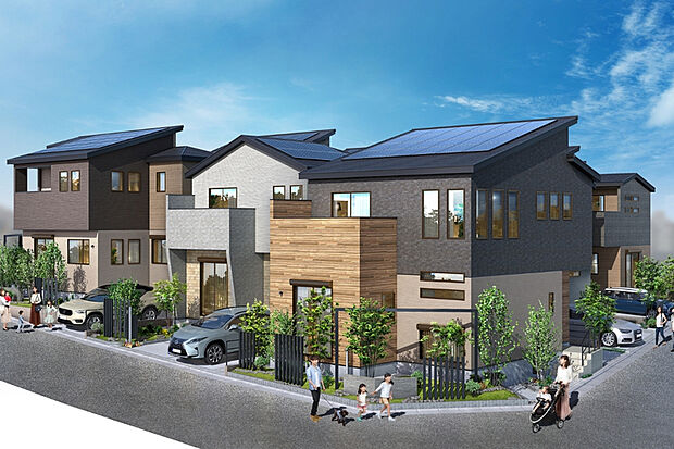 外壁はシックな色合いと木目調素材で緑と調和し落ち着いた街並み。太陽光発電で快適・省エネな永住の住まい。