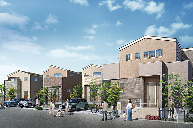 木目調と石目調の外壁を貼り分け、温もりと気品が調和する美しい街並みを創出しました。