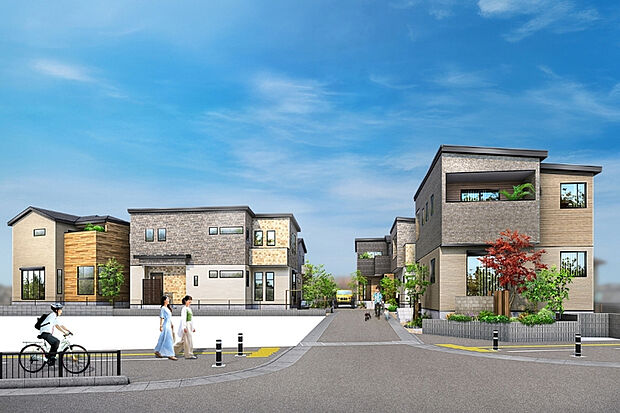 【家族に寄り添うスタイリッシュな街並み】
スクエア型のフォルムに木目調や石目調のサイディングを組み合わせたスタイリッシュ×モダンな街並み。そこに家族の安心を守る機能的なアイテムをプラスした住まいです。