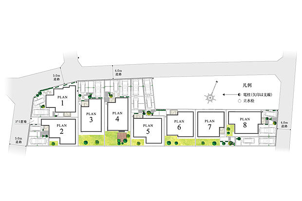 【開放感と安らぎに満ちる街区】
全邸120m2の敷地面積を確保し、一邸一邸ゆとりを持たせた街並み。2台分のカースペースや、プライバシーにも考慮しながら邸別に計画した庭など、広さを活かした設計です。