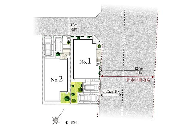 【ゆとりと陽光に寛ぐ街区計画】
全邸115m2以上の敷地面積に加え、全邸カースペース2台分を確保したゆとりある街区。開放感に憩い、陽光と心地よい風に包まれる、あたたかな街並みが広がります。