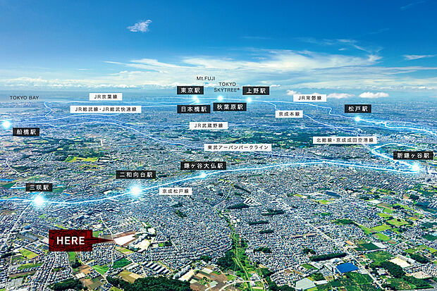 【自然と利便が整った街で豊かな暮らしを】
船橋市三咲の地に、未来への思いを込めた街が誕生します。※航空写真は現地周辺を撮影したものに一部CG加工を施したもので実際とは異なります。(2026年9月撮影)