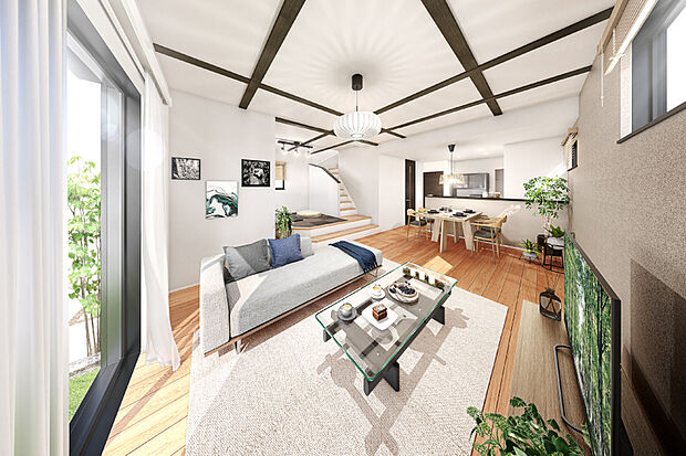 【PLAN1】リビングの天井に洗練されを醸し出す化粧梁を設得たリビングには半個室空間のステアリビングを採用。※1号棟完成予想図