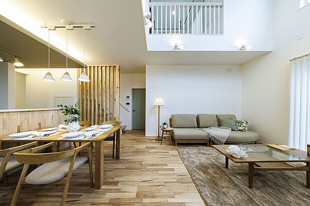 【モデルハウス2-31号棟】【デザイン性のあるLDK】
キッチン天井やリビングの一部に、アクセントクロスを施しました。空間に変化が生まれ、統一感のある雰囲気を演出します。
※2-31号棟/2025年4月撮影(分譲済)