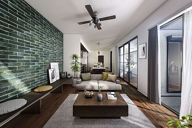 【タイルのアクセントが彩るスマートな暮らしやすさに溢れたプラン】様々な場面で利用できるマルチルームに加えて2階には、洗濯物を千すのに便利なランドリーコーナーを設けました。 デザインタイルの壁面が印象的な空間で、暮らしやすさをスマートに叶えるプラン※1号棟完成予想図