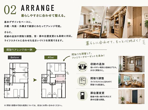 【その他設備】「暮らしやすさに合わせて整える」
基本デザインをベースに、外観・内装・外構まで細部にわたってアレンジ可能。さらに、収納の追加や間取り調整、窓・扉の位置変更にも柔軟に対応。ライフスタイルに合わせた住まいづくりを実現できます。