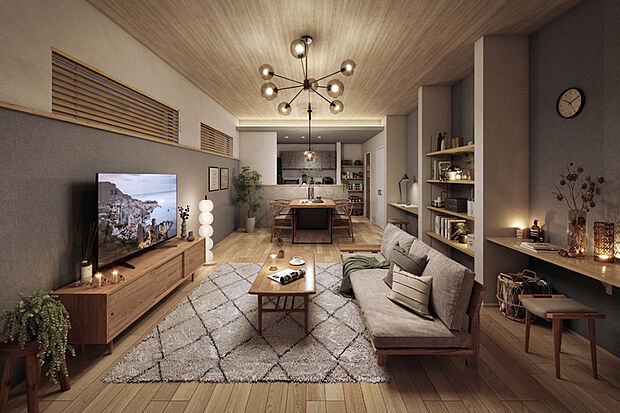 【心地よい憩い空間を装うインテリア】
各邸のアクセントクロスとリビングドアは、それぞれに色彩や質感の異なる素材を採用。おしゃれで飽きのこない空間に仕立て上げました。※2号棟内観完成予想図