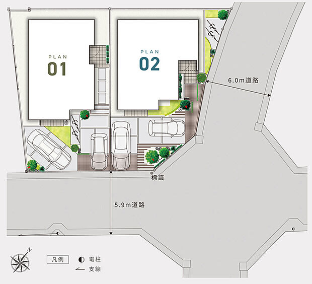 【暖かな光と開放感に包まれる街並み】
一邸一邸を手作りで丁寧にプランニングした2邸が誕生。前面道路と広々としたカースペースが開放感を創出し、ゆとりある暮らしを演出します。