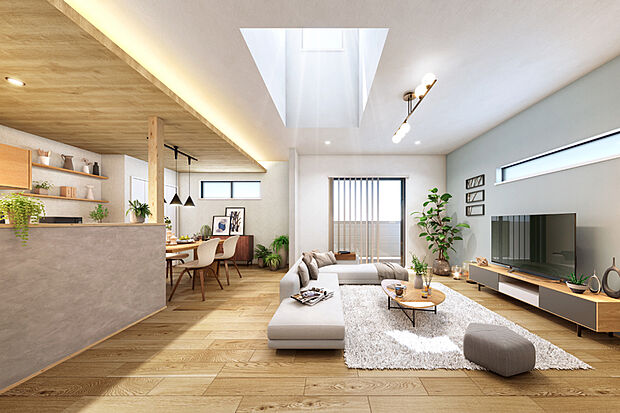 【広がりが心地よい吹抜けとギャラリーキッチン】
家族が自然と集い、食事や憩いの時間を過ごすリビングダイニングは、のびのびと寛げるよう吹抜けを設え、ギャラリーキッチンが食事や語らいの場を彩ります。※2号棟LDK完成予想図