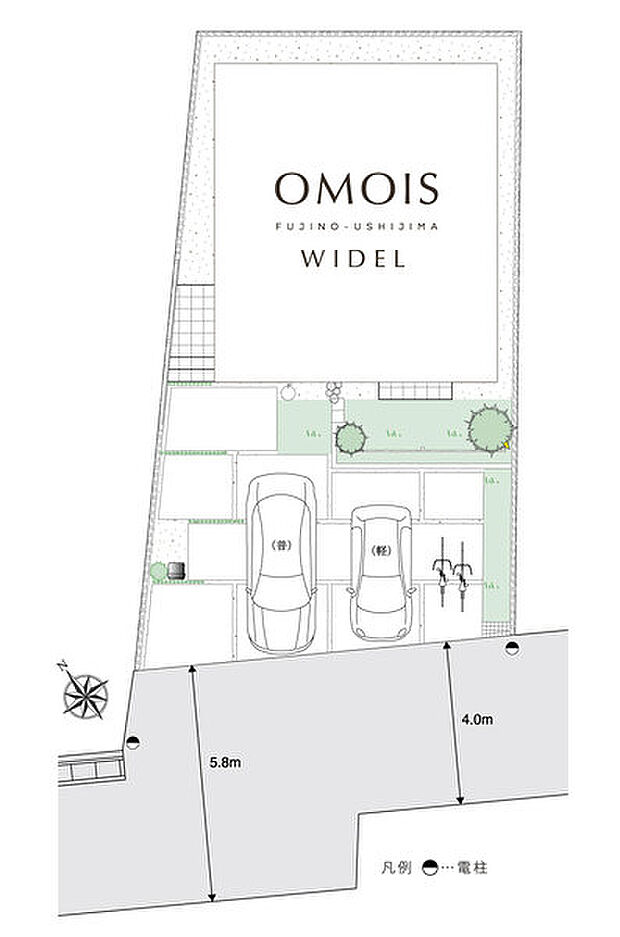 【134m2の陽光に恵まれた配棟計画】
南面に前面道路が通り、そこに2台カースペースと庭を配することでアプローチに開放感を創出。陽だまりスペースも生まれます。