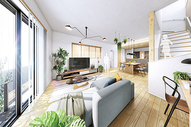 【伸びやかな寛ぎにひたれる住まい】
広がりを創出する高さのある天井やサッシを採用。キッチンのスタイルもハイオープンにこだわることで、家族の語らいも弾みます。※2号棟LDK完成予想図