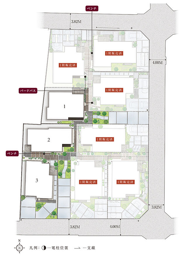 【「風致地区」による制限を活かした街区計画】
壁面後退によって生まれたゆとりの空間に、地役権を活用した歩行者用通路を整備。植栽を配することで、住民が身近に緑を感じながら行き交える街並みを実現しました。