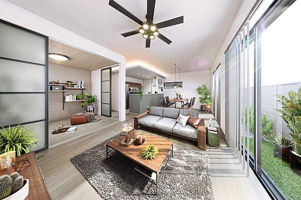 【【MULTI ROOM】】家族と程よい距離を保ちながら自分時間が愉しめるマルチルームをご用意。引き戸を閉めて個室にもできるので、接客や書斎、家事室など用途に応じて使えます。※1号棟LDK完成予想図