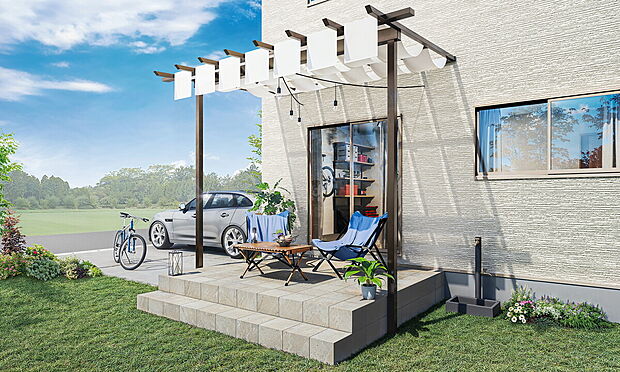 【アウトドアを楽しむ家　施工イメージ】
約3坪のタイルデッキにパーゴラタイプの屋根がついたアウトドアリビング。バーべキューや星空観察など多目的に使える空間。
※画像はイメージです