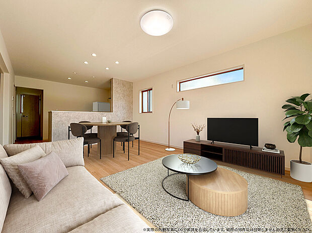 【4号棟 リビング】
大きな窓から光が差し込むリビングは、家族団らんのひとときを過ごすメイン空間！家具の配置もイメージしやすい、空間ですね♪
※掲載のCG・家具はイメージで、実際の物件には含まれません