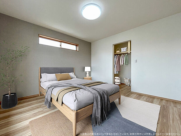 【1号棟　主寝室】
落ち着いた色調の家具でコーディネートされた主寝室！大きな窓から明るい光が差し込み、毎朝爽やかな気分で目覚められそう！
※掲載のCG・家具はイメージで、実際の物件には含まれません。
